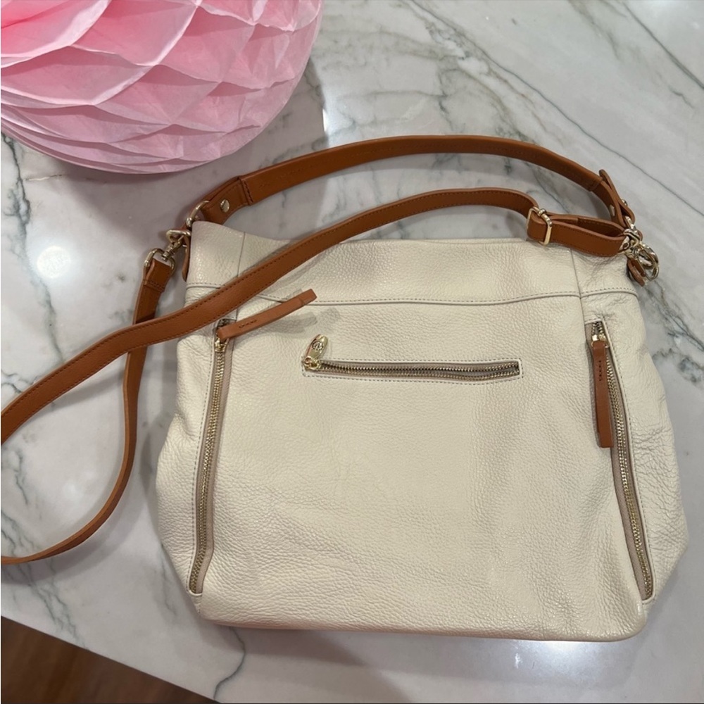 Valentina leather satchel/purse color cream and tan straps . Handles - Picture 10 of 15
